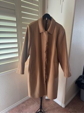 NEW Chico's Camel Fringe-Trim Wool Trench Coat